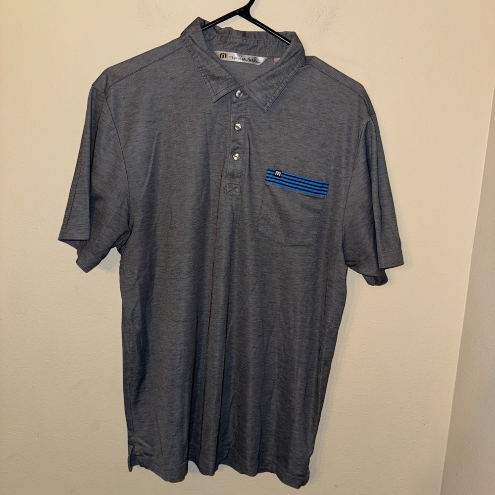 TravisMathew Mens Large Heather‎ Grey Short Sleeve Golf Polo Striped Pocket Trim